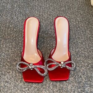 NWOT Red Satin Women's Heels with Rhinestone Bow